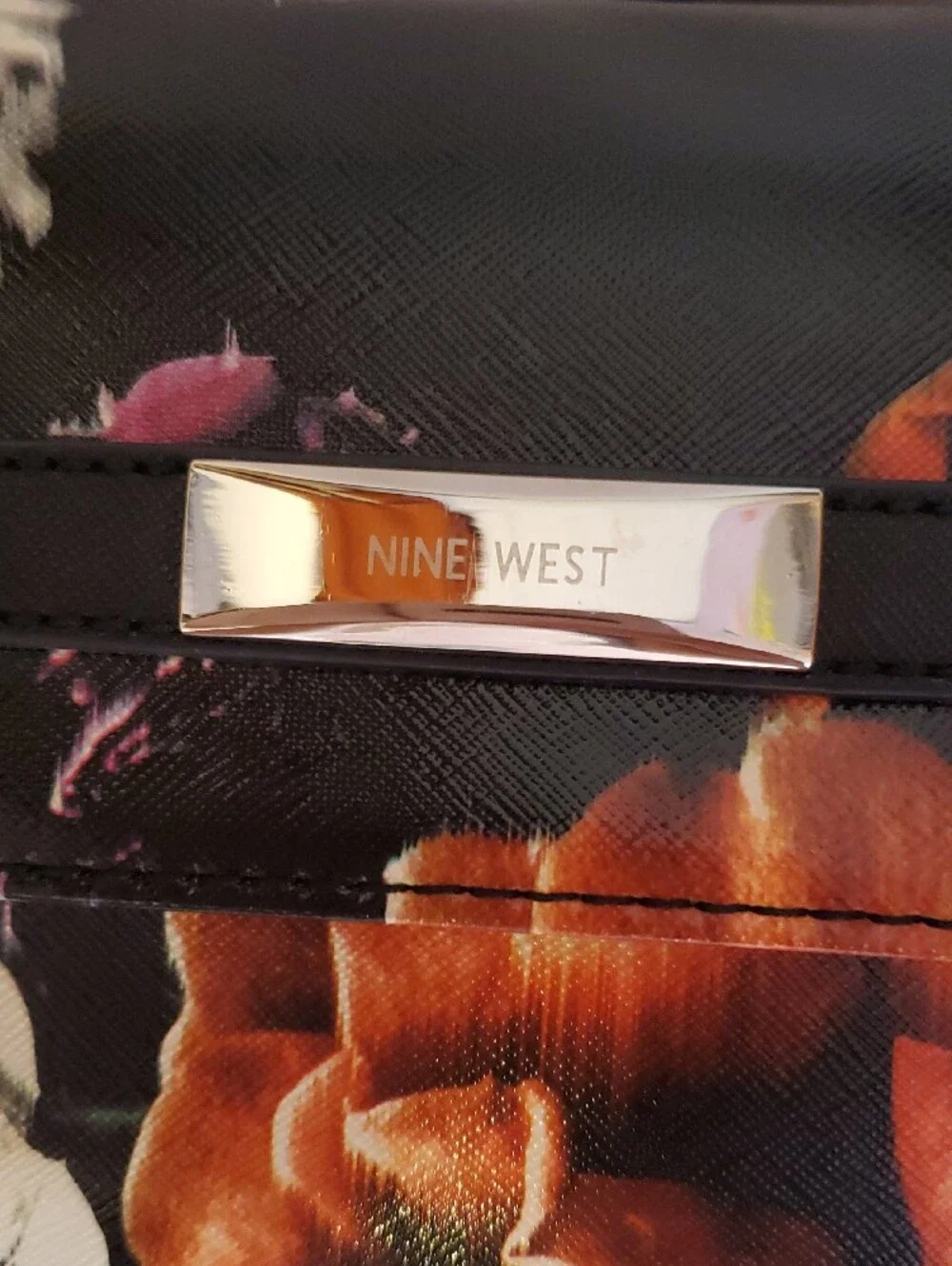 Nine West Black Floral Crossbody Bag with Orange Rose Accent